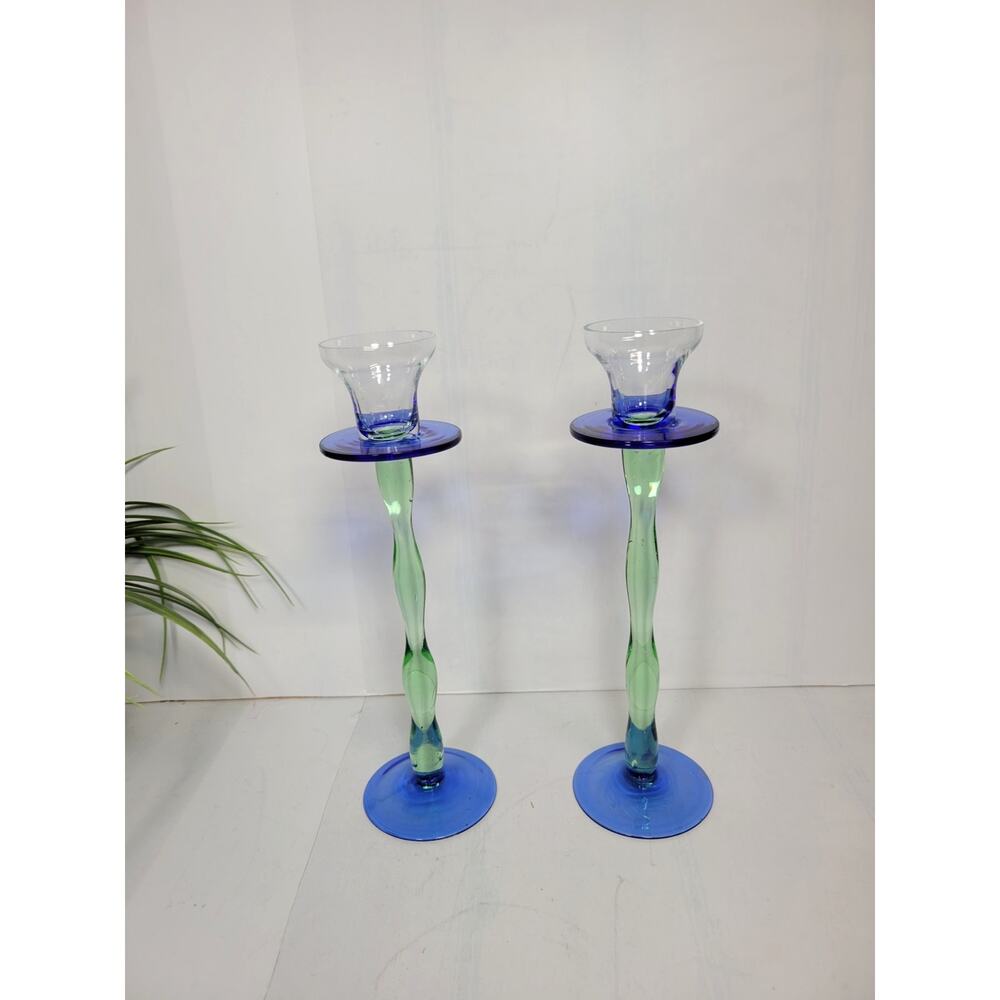 Pair Art Glass Candleholders: Blue & Green Twisted Stem